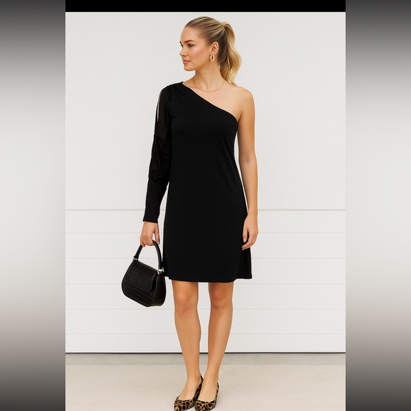 BCBGMAXAZRIA Cold Shoulder Sexy Little Black Dress One Sleeve Size Small - Picture 6 of 7